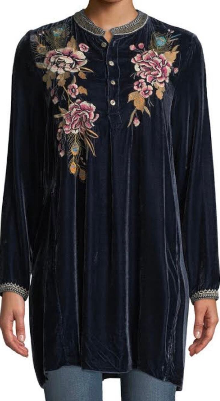 Johnny Was Quito Velvet Tunic Dress Navy Blue Pink Embroidered Flowers Petite S